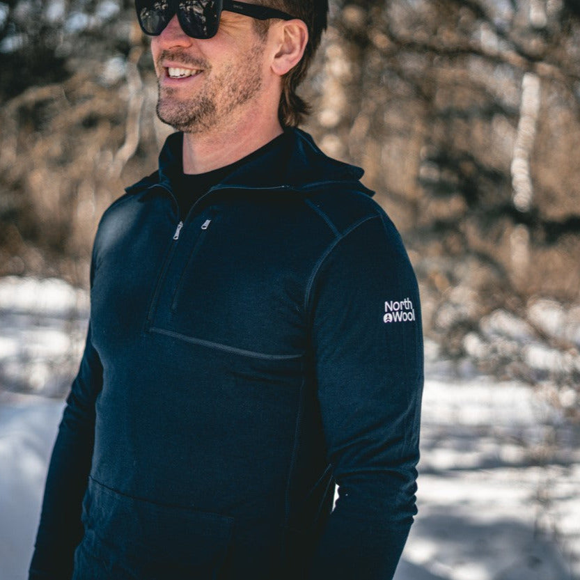 NorthWool Men's Merino Wool 1/4 Zip Midlayer Hoodie with Pouch and Pocket 260 GSM