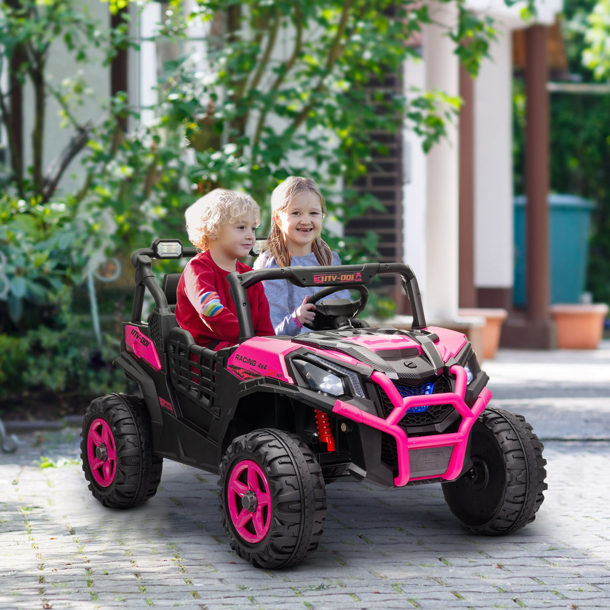 2 Seater 24V Electric Car for Kids w/ Remote Control, 3 Speed, LED Lights, Music, Horn, Spring Suspension, Blue