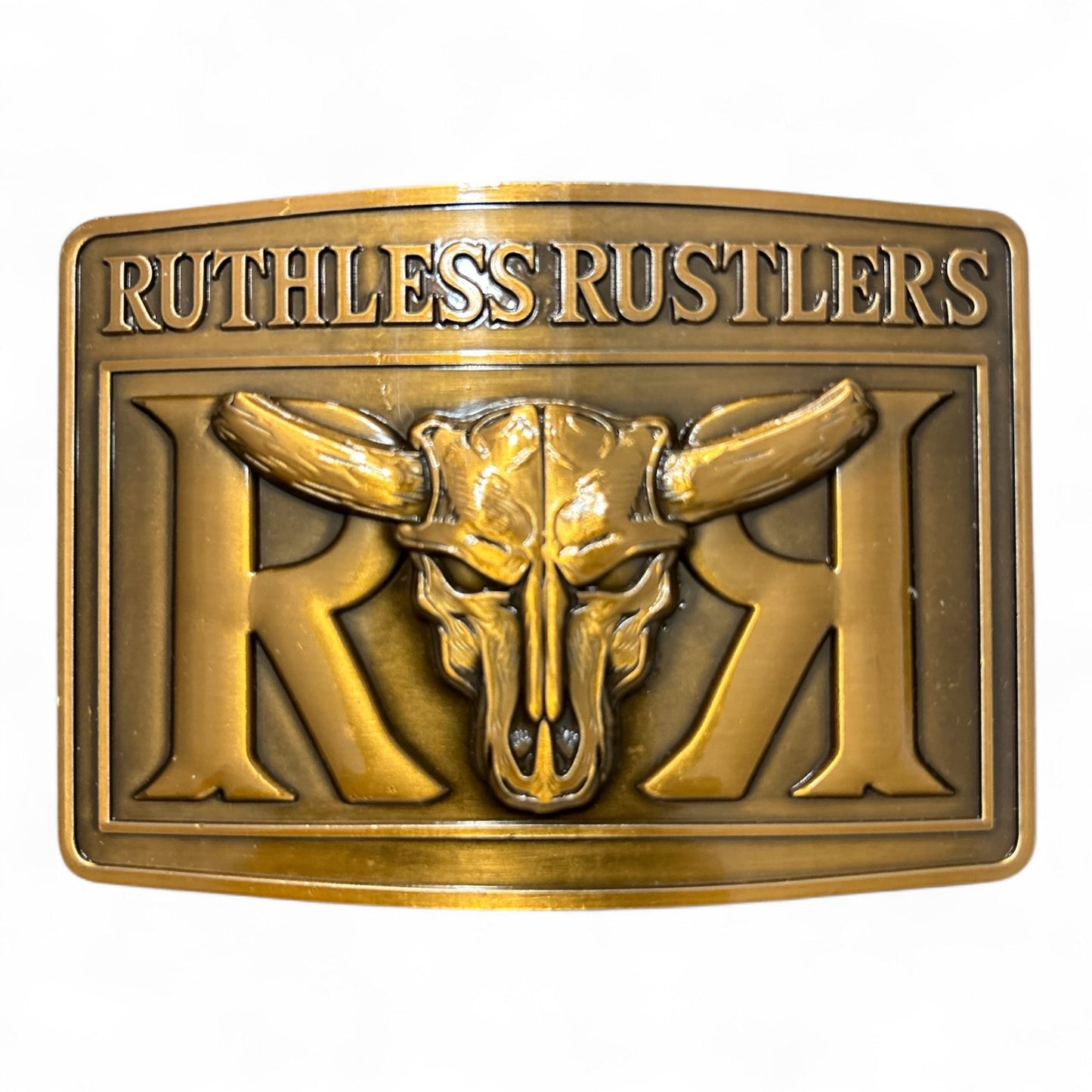 Ruthless Rustlers RR Bold Belt Buckle | Antique Gold
