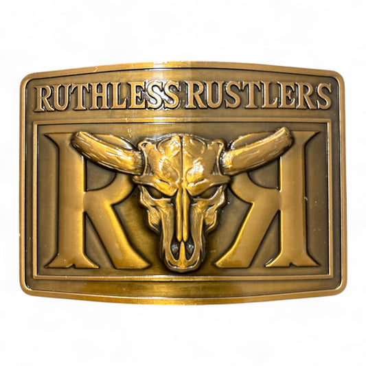 Ruthless Rustlers RR Bold Belt Buckle | Antique Gold