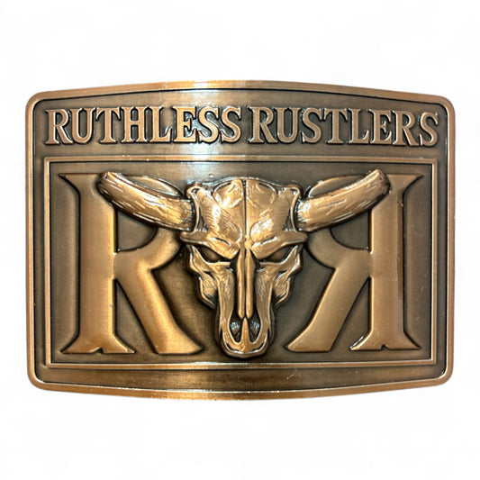 Ruthless Rustlers RR Bold Belt Buckle | Antique Copper
