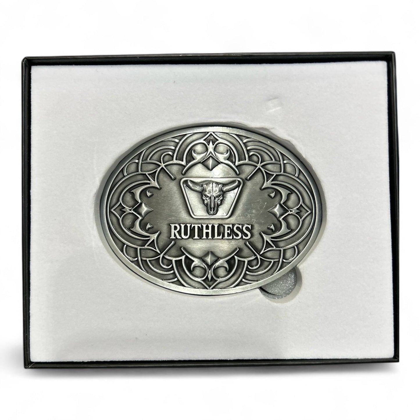 Ruthless Rustlers Iron Grace Belt Buckle | Antique Silver