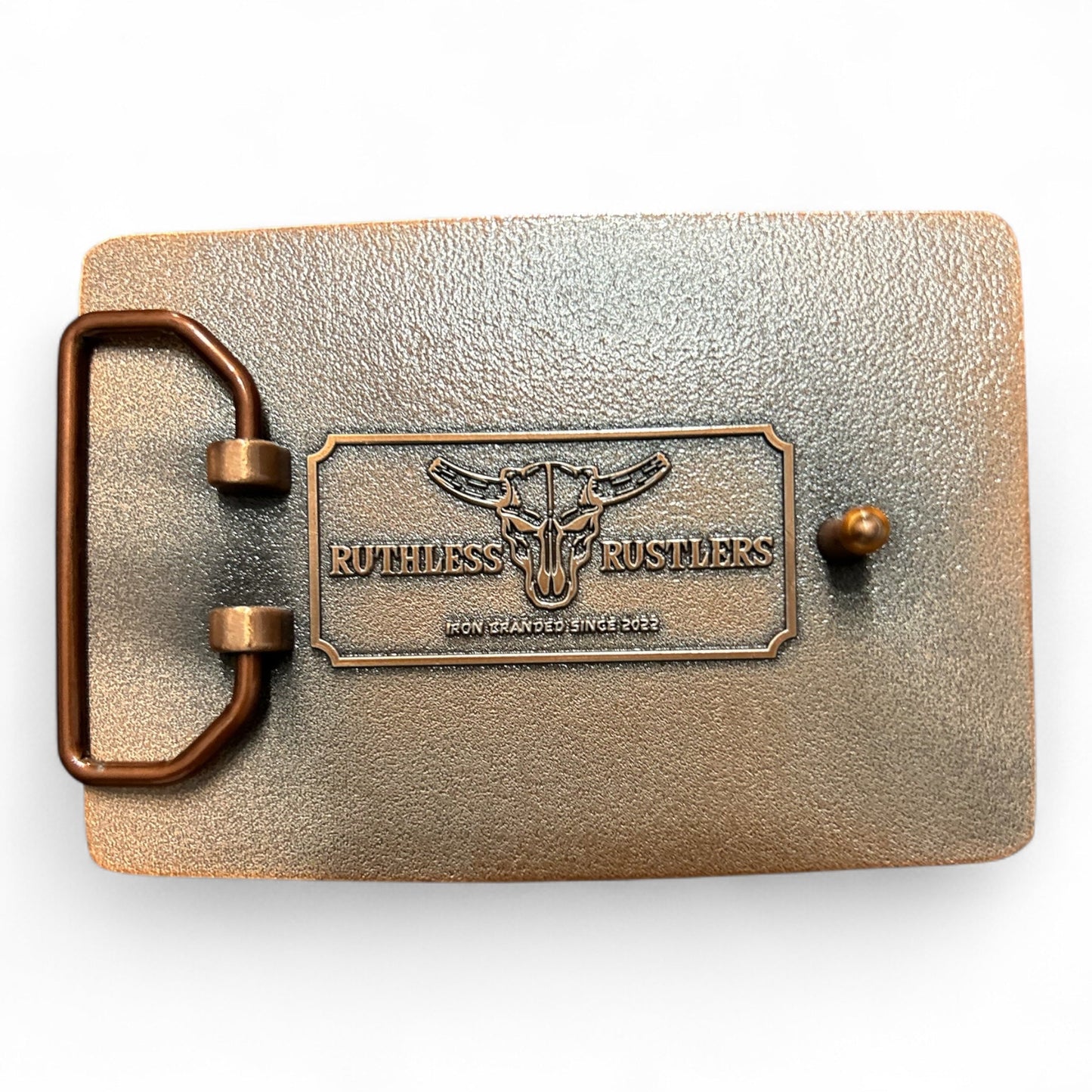 Ruthless Rustlers RR Bold Belt Buckle | Antique Copper