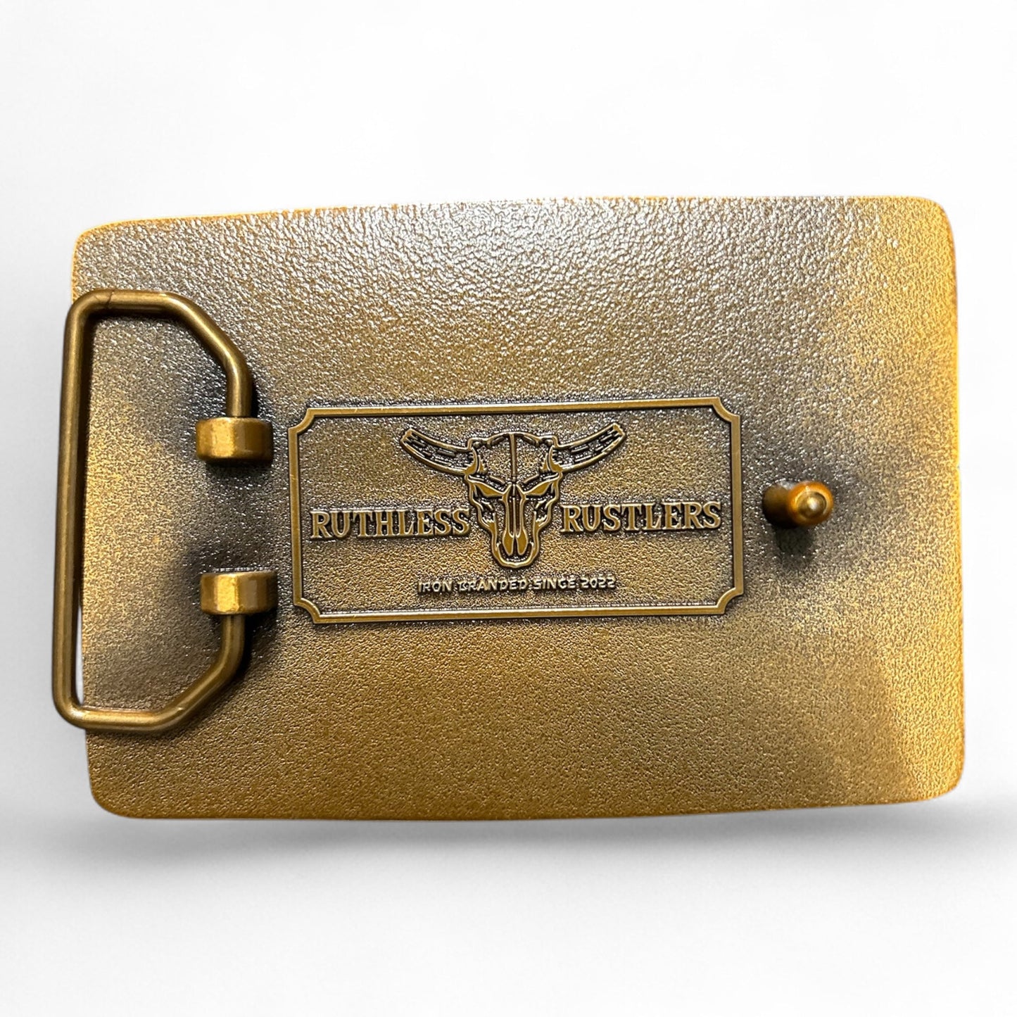 Ruthless Rustlers RR Bold Belt Buckle | Antique Gold