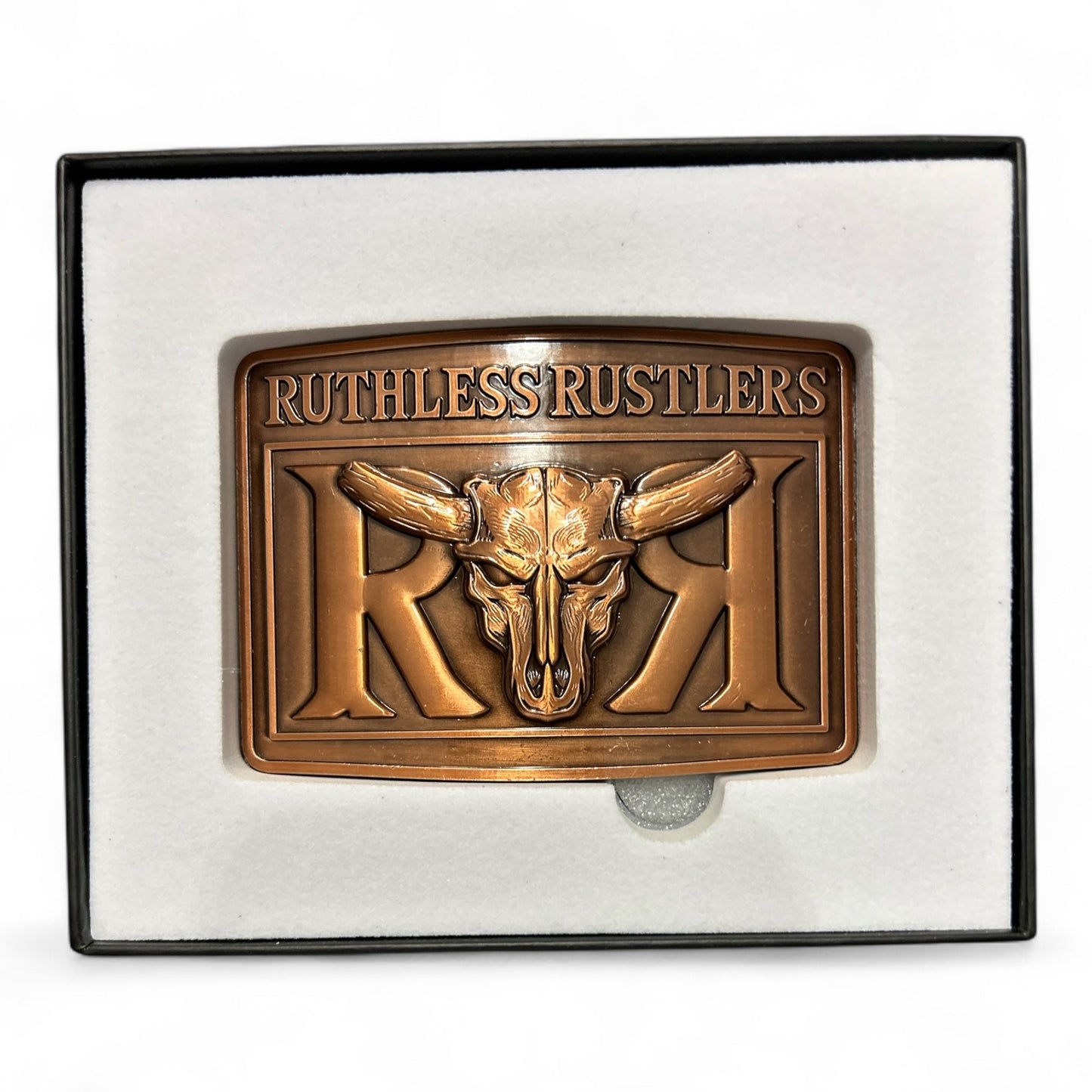 Ruthless Rustlers RR Bold Belt Buckle | Antique Copper