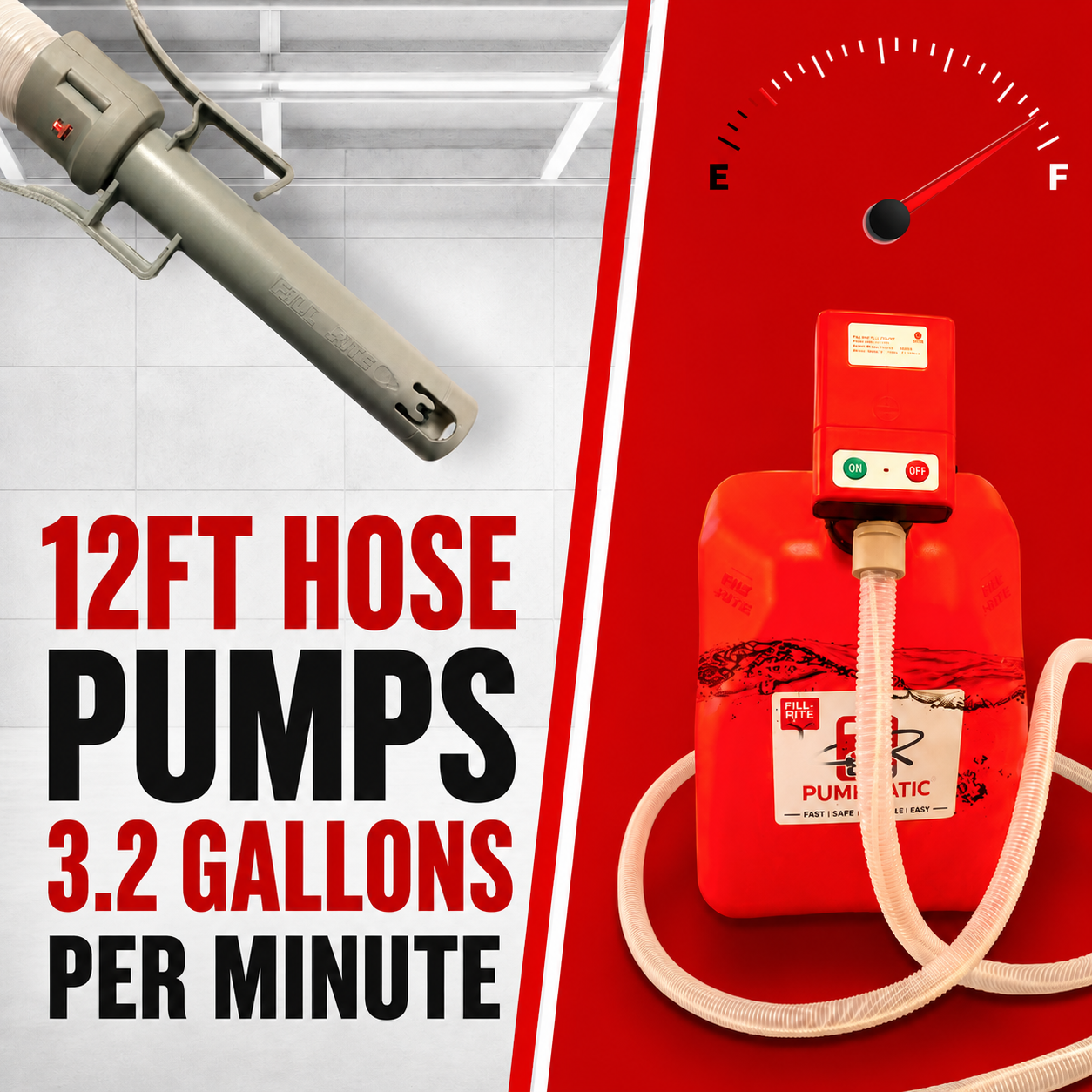 *New* PumpMatic Super Long Gas Pump w/ 12 Ft Hose - 3.2 GPM - Gas, Diesel, Kerosene