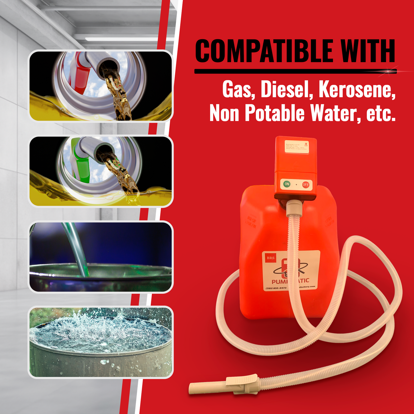 PUMPMATIC 12 FT HOSE + 5 Gallon Gas Can Combo Kit - 3.8 GPM - GAS, DIESEL, KEROSENE