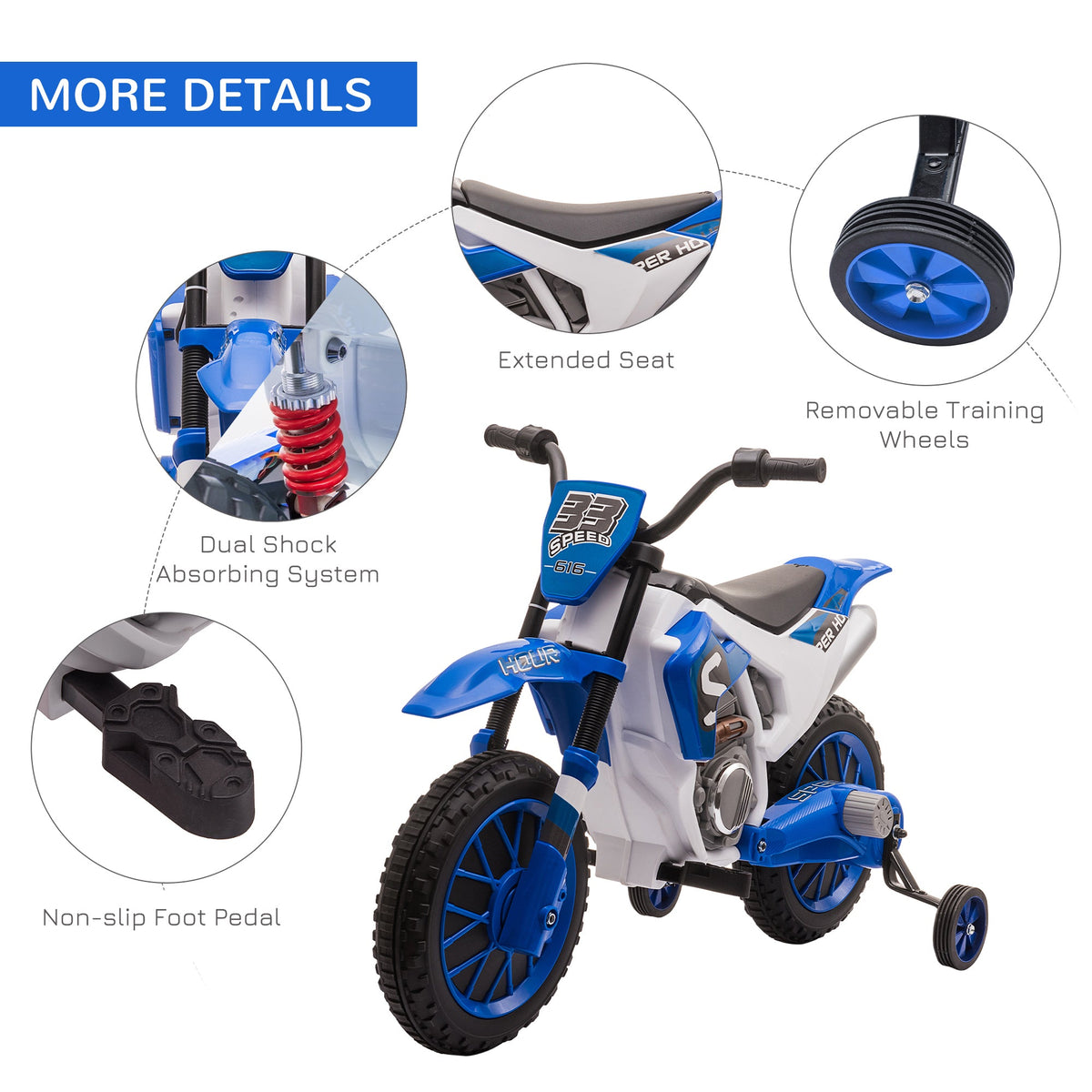 Kids Dirt Bike 12V Battery-Powered Ride-On Electric Motorcycle with Charging Battery, Training Wheels Blue