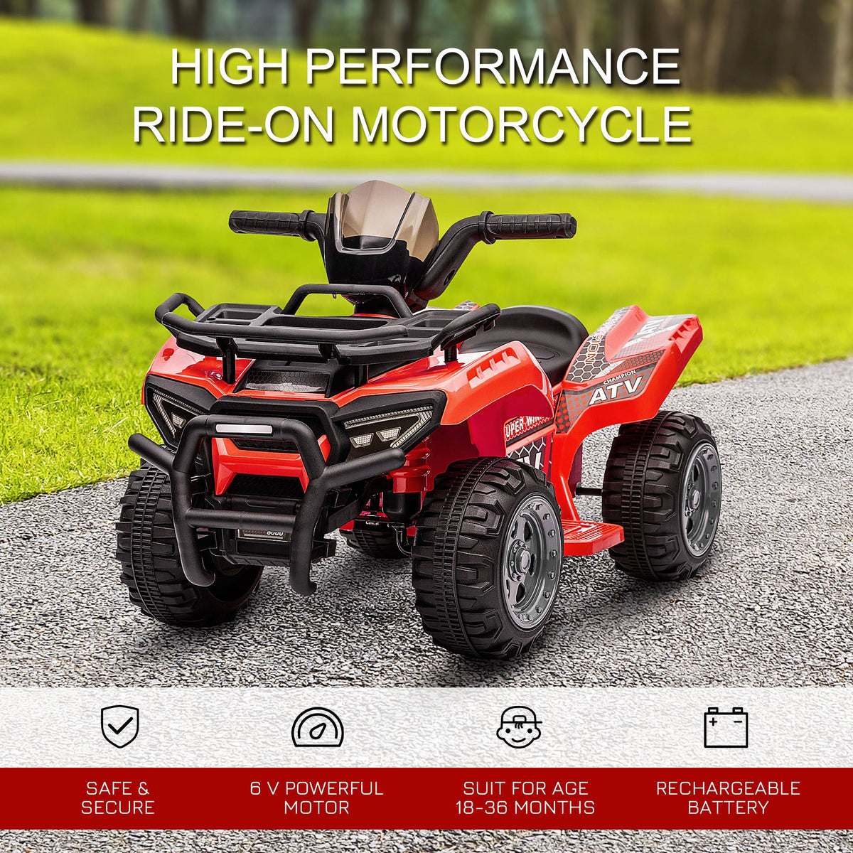 Kids Ride-on ATV Quad Bike Four Wheeler Car with Music, 6V Battery Powered Motorcycle for 18-36 Months, Black