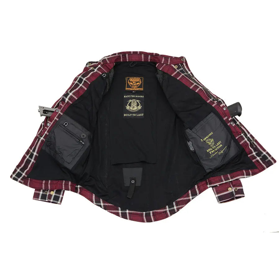 Milwaukee Leather Men's Maroon Checkered Armored Flannel Biker Shirt w/ Reinforced Fibers