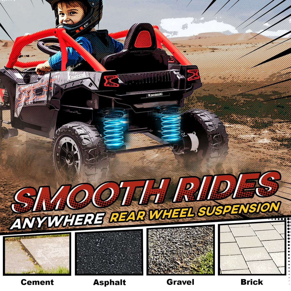 12V Ride on Truck, Licensed KAWASAKI TERYX KRX 2WD Kids Electric Car with Rear Suspension for 3-8 Years, Red