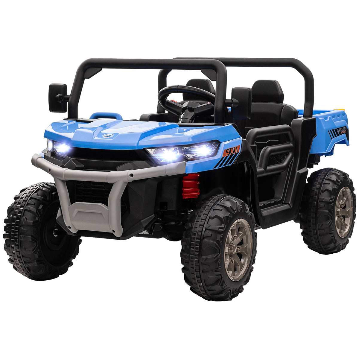 12V Ride on Car with Electric Bucket, Two-Seater, Shovel, Remote Control, Spring Suspension, Horn, Music, Black