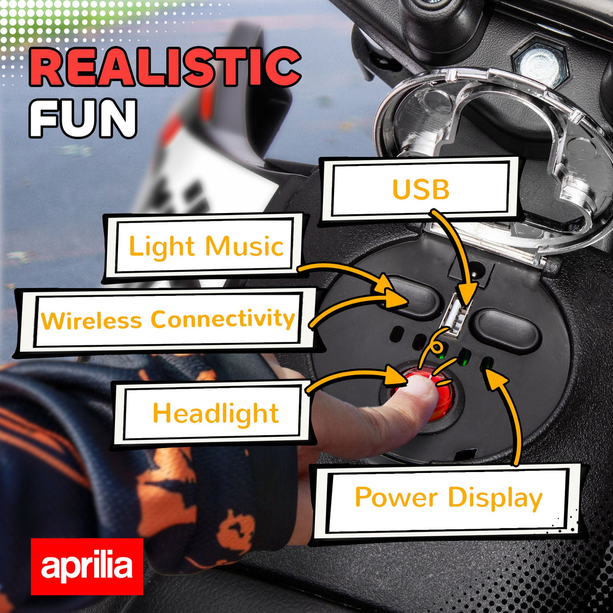 12V Aprilia Licenced Kids Electric Motorcycle, Battery-Powered Dirt Bike with Training Wheels for Aged 3-8, Red