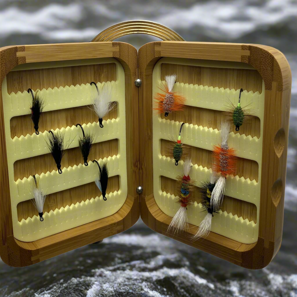 Fly Fishing Kit, Atlantic Salmon Flies, Mixed Wet Flies and Bugs & Bombers, with Bamboo Flybox