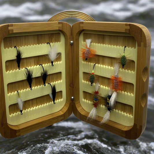 Fly Fishing Kit, Atlantic Salmon Flies, Mixed Wet Flies and Bugs & Bombers, with Bamboo Flybox