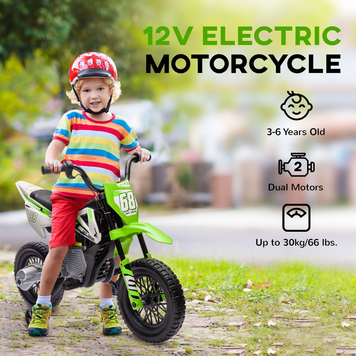 12V Kids Dirt Bike, Electric Motorcycle with Twist Grip Throttle, Training Wheels, Rear Suspension & Music, Blue