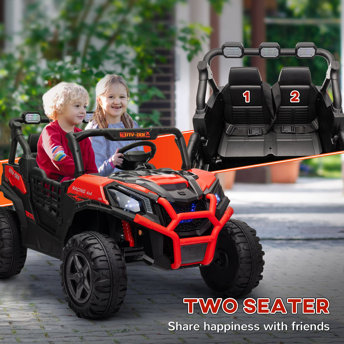 2 Seater 24V Electric Car for Kids w/ Remote Control, 3 Speed, LED Lights, Music, Horn, Spring Suspension, Blue