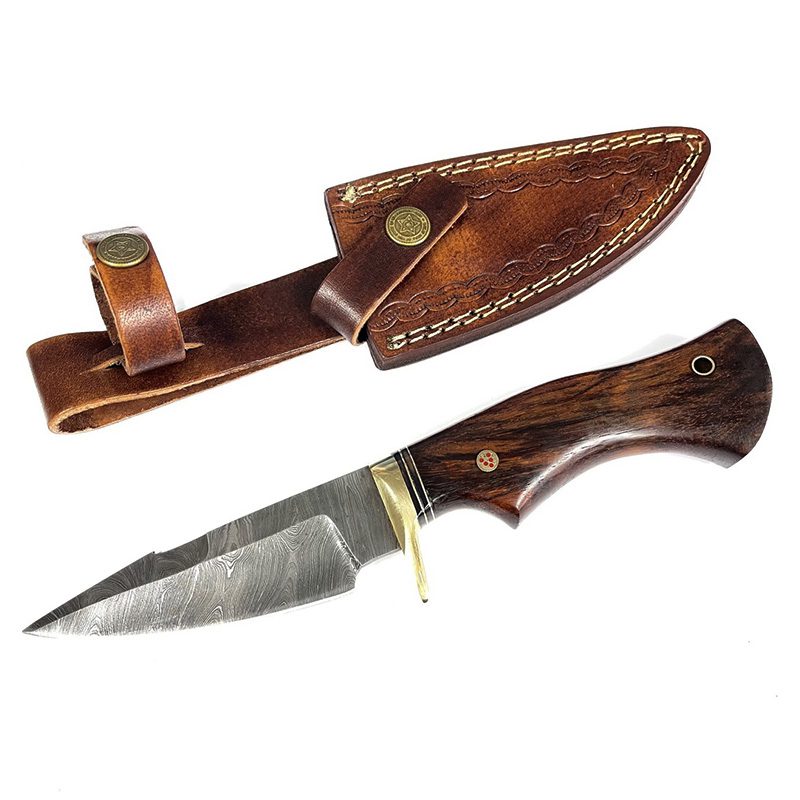 9.5" Damascus Steel Hunting Survival Knife w/ Leather Sheath (T22DM04)