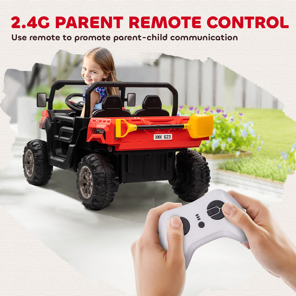 12V Ride on Car with Electric Bucket, Two-Seater, Shovel, Remote Control, Spring Suspension, Horn, Music, Black