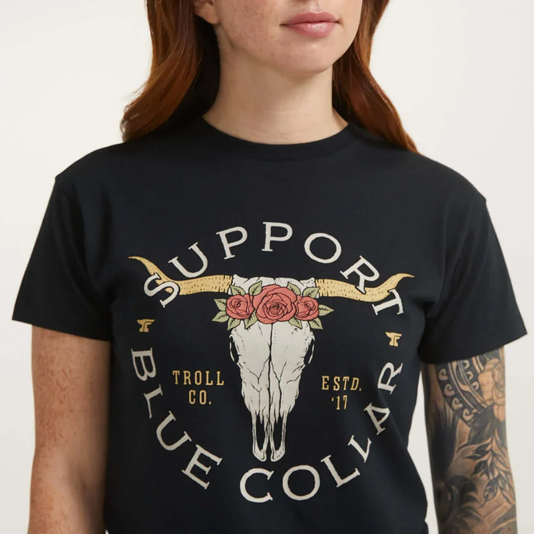 DHCM Women’s Support Blue Collar Longhorn T-Shirt. SBC Graphic Tee