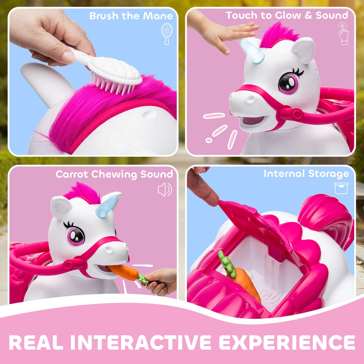 12V Unicorn Ride on Toy, Battery Powered Kids Electric Ride on Horse with Carrot Toy, Comb, Animal Sounds