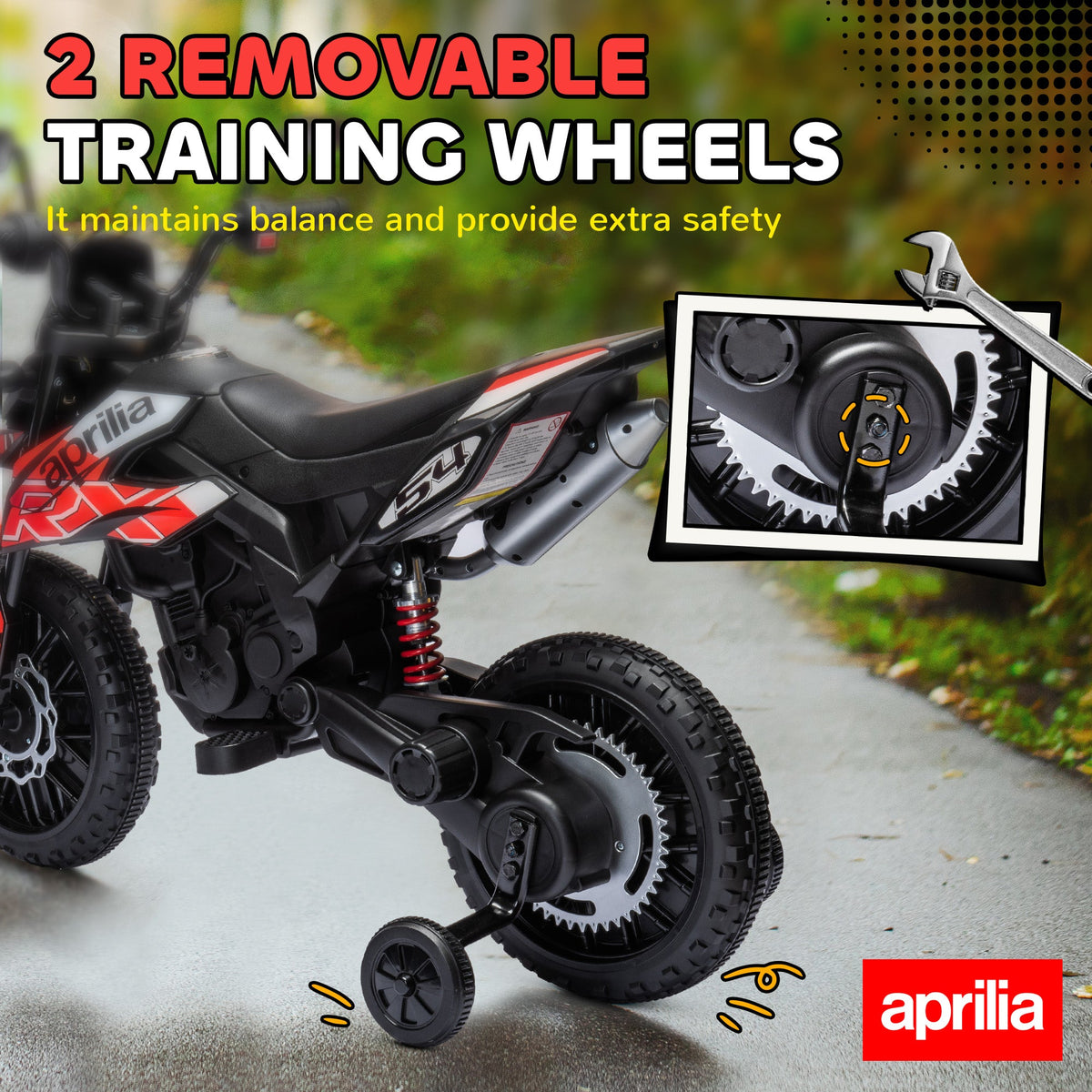 12V Aprilia Licenced Kids Electric Motorcycle, Battery-Powered Dirt Bike with Training Wheels for Aged 3-8, Red