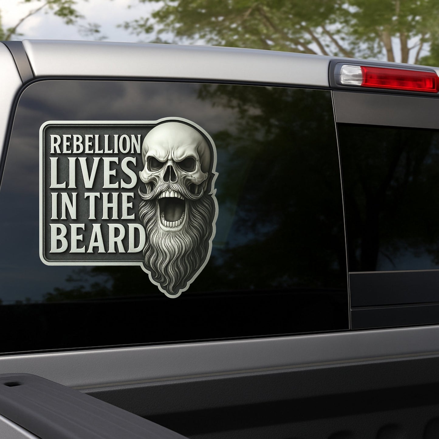 The “Rebellion Lives In The Beard” Decal (10”x10”) – Premium Laminated Vinyl | Die-Cut Skull & Beard Design | Weatherproof Vehicle Sticker | Collector Series