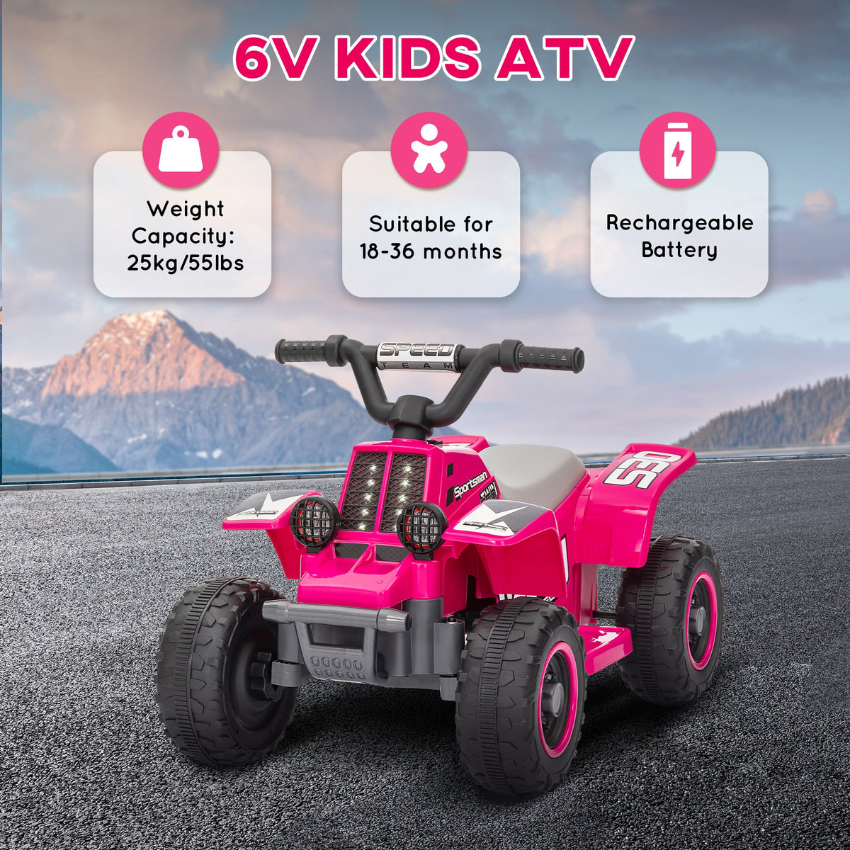 6V Kids ATV Quad, 4 Wheeler Battery Powered Electric Ride on Car w/ Lights, Forward Backward, Black