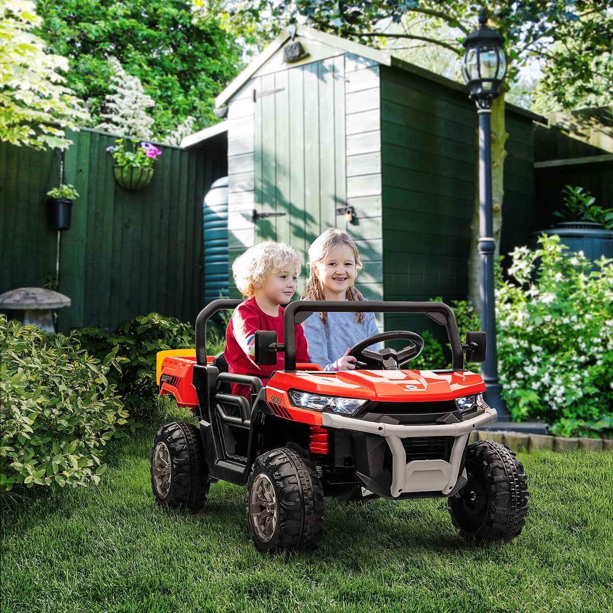 12V Ride on Car with Electric Bucket, Two-Seater, Shovel, Remote Control, Spring Suspension, Horn, Music, Black
