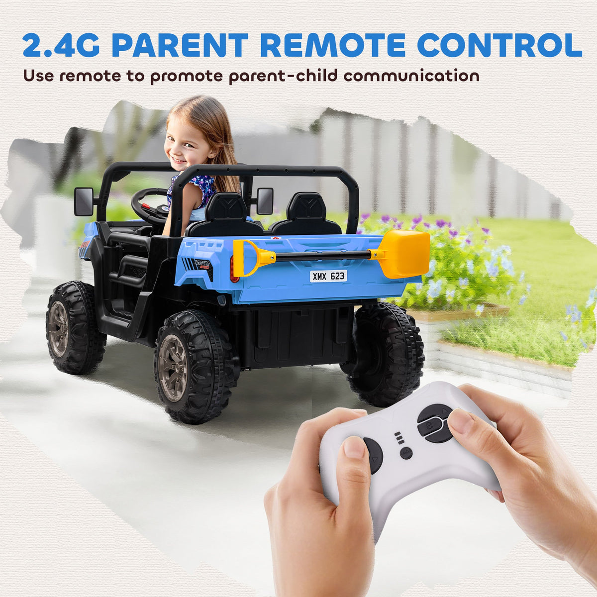 12V Ride on Car with Electric Bucket, Two-Seater, Shovel, Remote Control, Spring Suspension, Horn, Music, Black