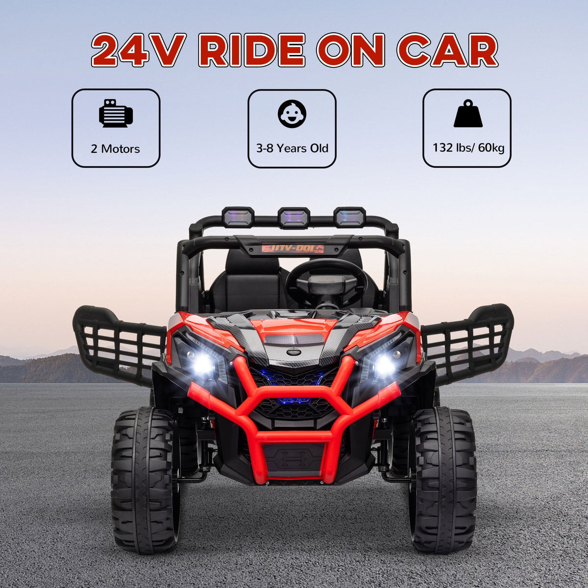 2 Seater 24V Electric Car for Kids w/ Remote Control, 3 Speed, LED Lights, Music, Horn, Spring Suspension, Blue
