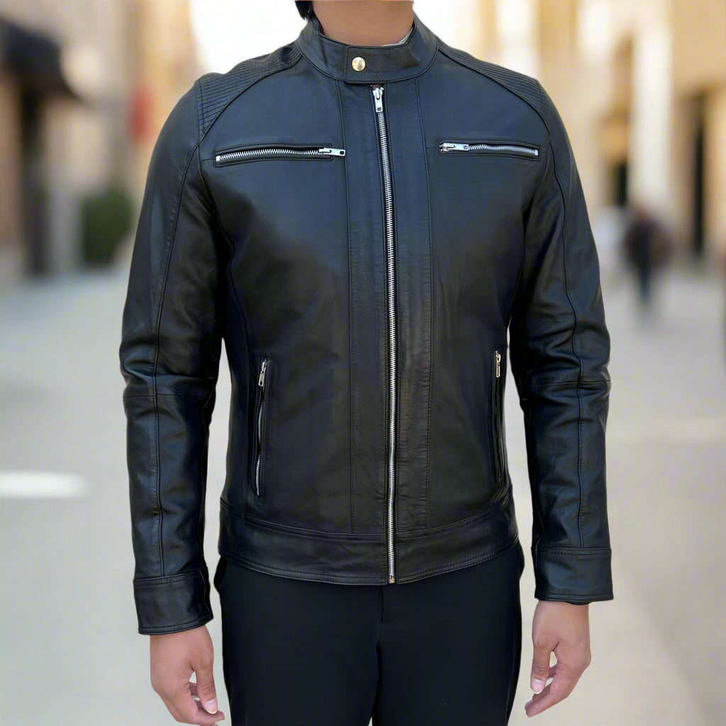 Men’s Sheep Leather Jacket. 4-Pocket, Stand Snap Collar & Silver Zippers