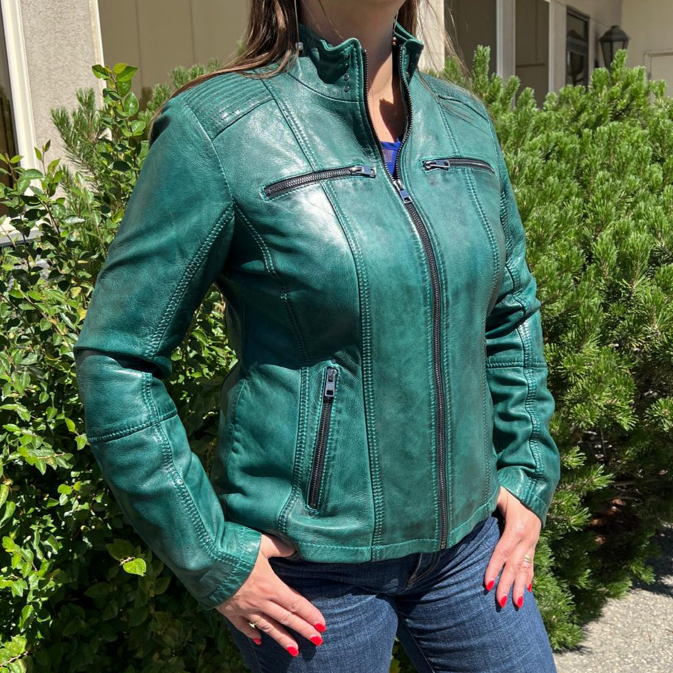 Women's Classic Sheep Leather Jacket. Standing Collar with Studs, 4 Zippered Pockets & Shoulder Accent Stitching