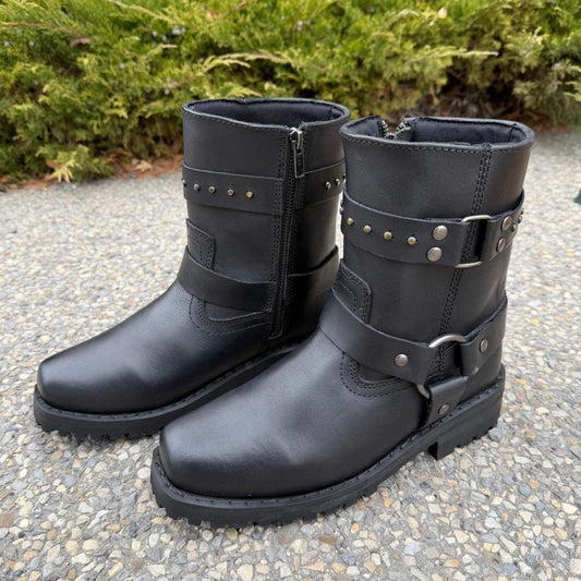 Women's Motorcycle Biker Leather Boots. Black Cowhide with Studded Straps & Side Zip