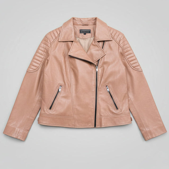 Women's Lamb Leather Biker Jacket with Quilted Ribbed Shoulders