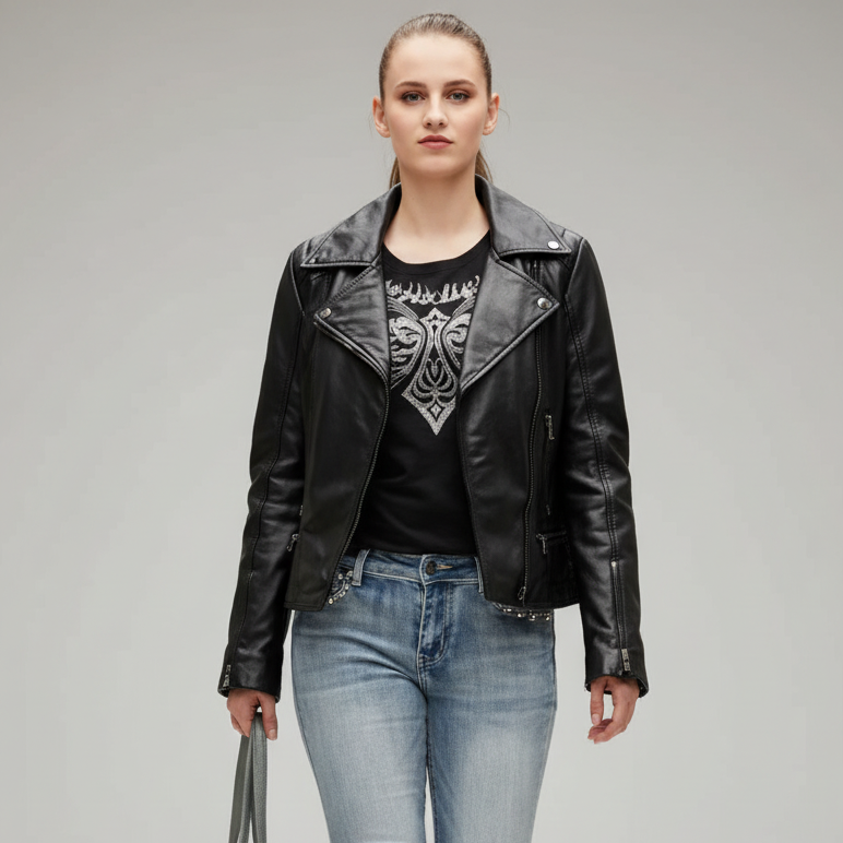 Women's Biker Look Sheep Leather Jacket