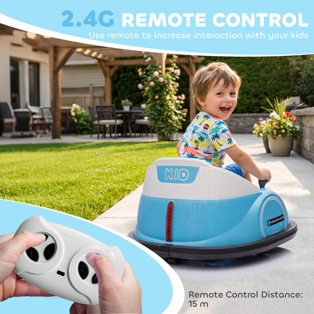 12V Bumper Car for Toddlers, Ride On Car with 360 Degree Remote Control, Lights Music Horn, for 1.5-5 Years, Light Blue