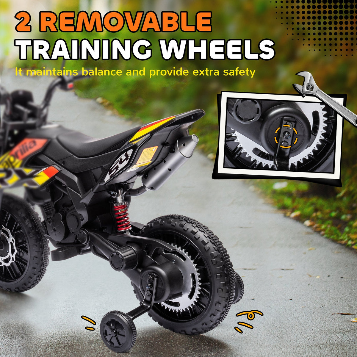 12V Aprilia Licenced Kids Electric Motorcycle, Battery-Powered Dirt Bike with Training Wheels for Aged 3-8, Red