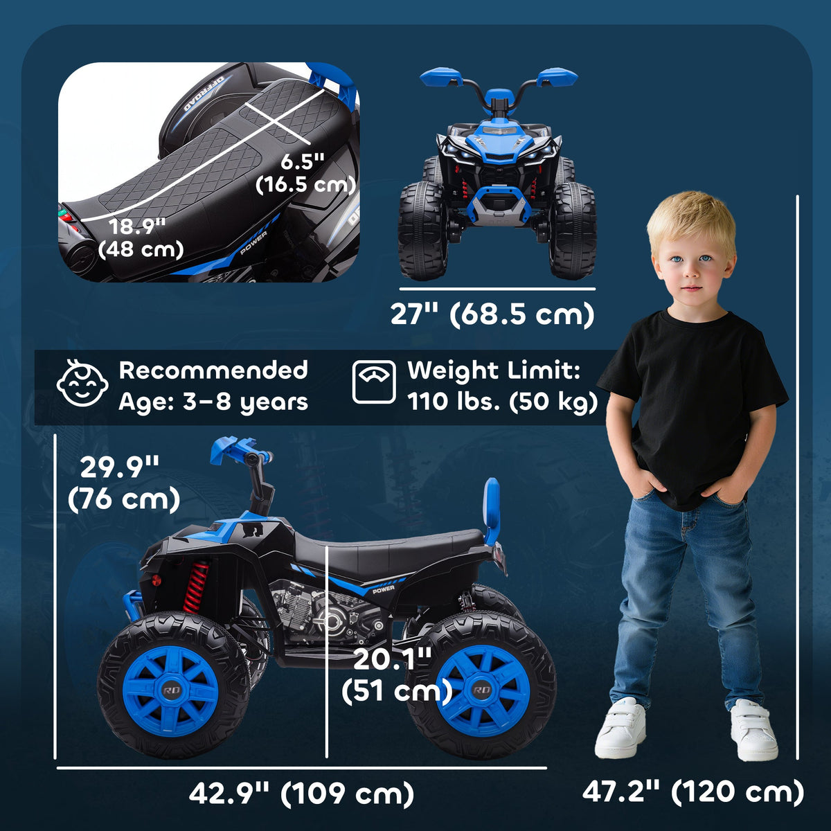 2-Seater All-Terrain 4 Wheeler, 24V Kids ATV Ride-On, Electric Quad Car with Dual Motor, for Boys and Girls, Black