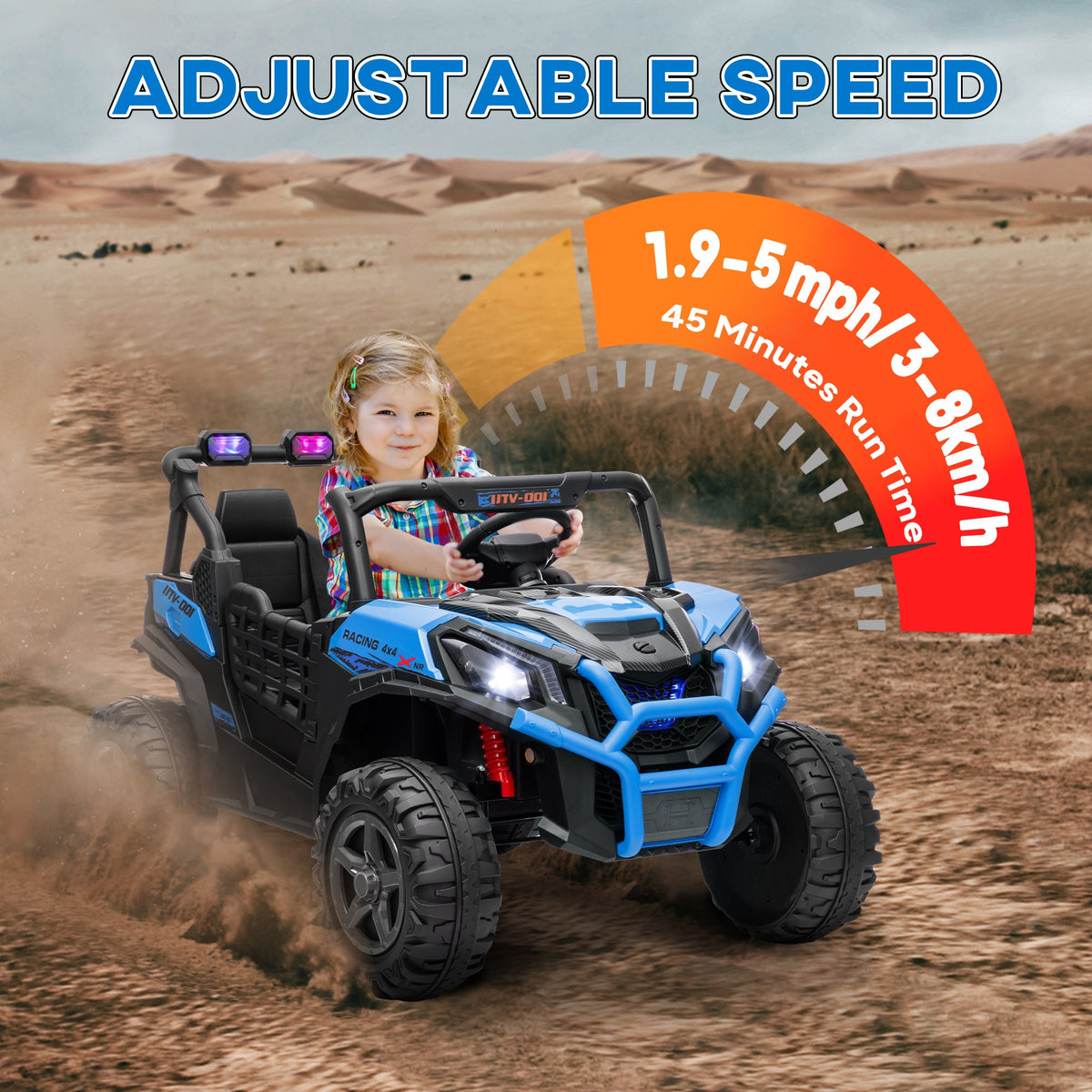 2 Seater 24V Electric Car for Kids w/ Remote Control, 3 Speed, LED Lights, Music, Horn, Spring Suspension, Blue