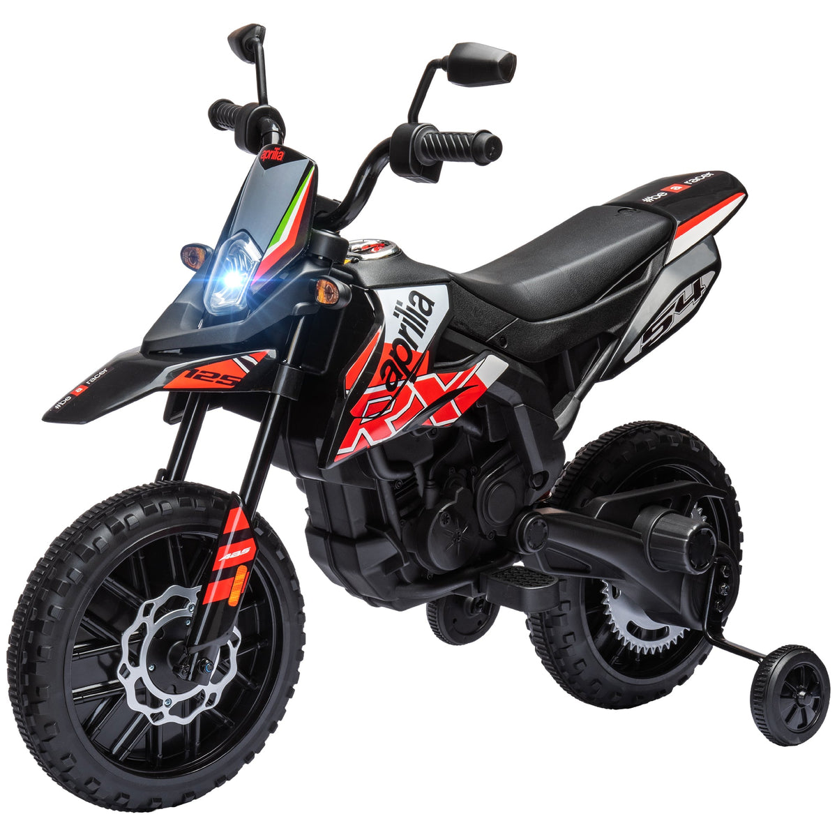 12V Aprilia Licenced Kids Electric Motorcycle, Battery-Powered Dirt Bike with Training Wheels for Aged 3-8, Red