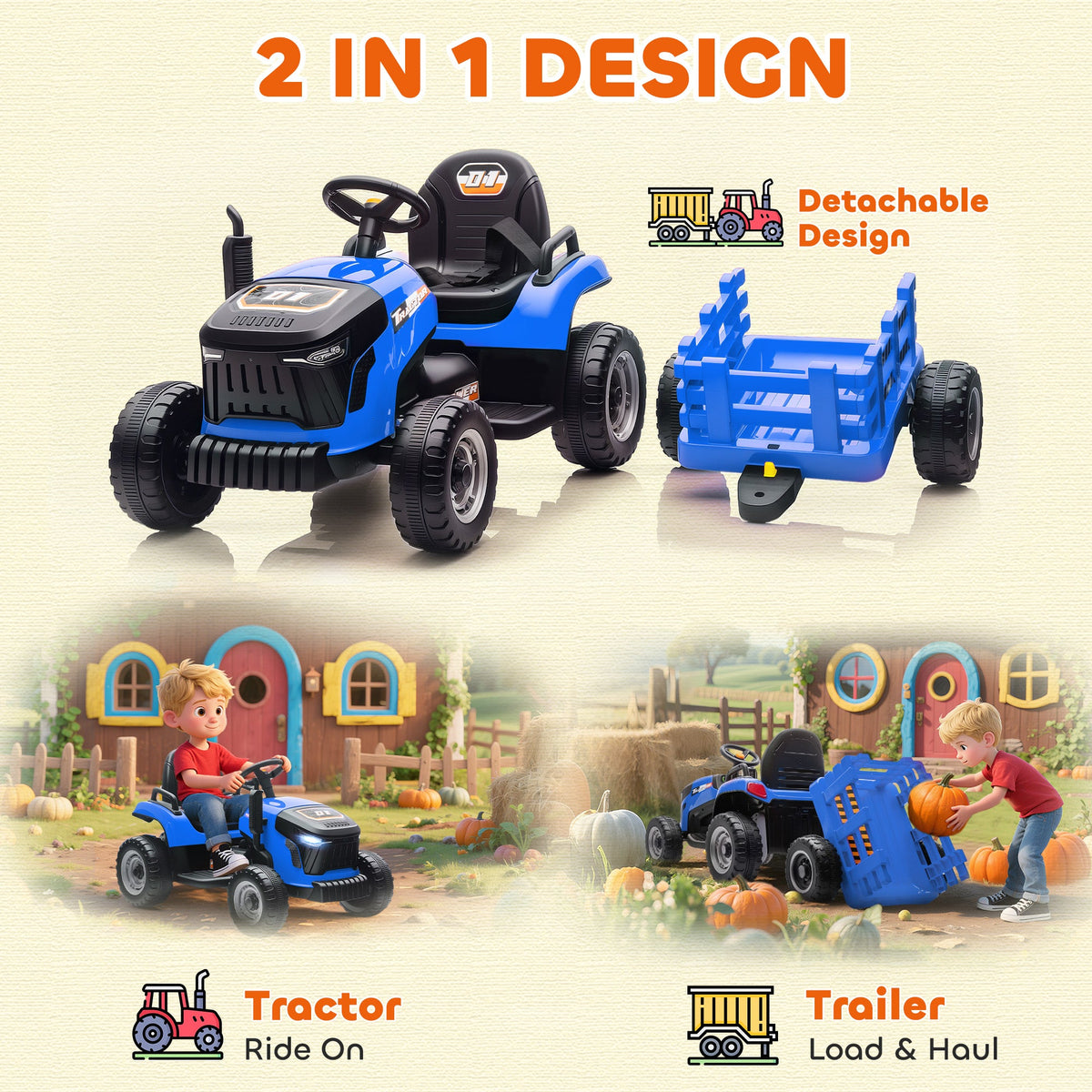 12V Kids Ride On Tractor with Trailor, Remote Control, Music, Lights, Shifter, for Kids Ages 3-8 Years, Blue