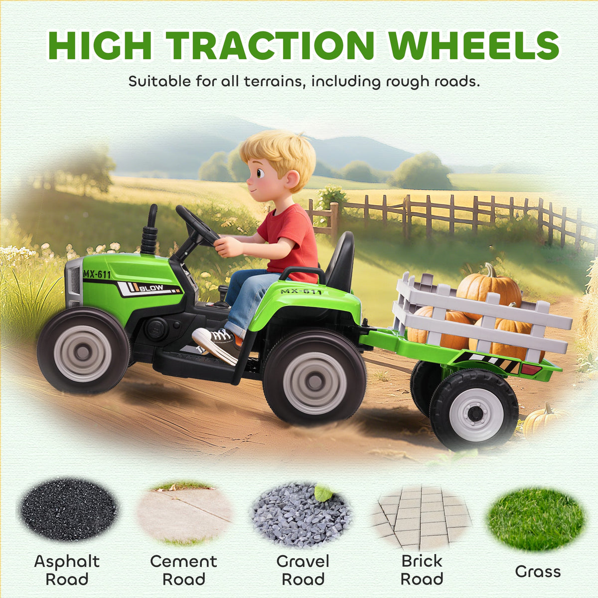 12V Kids Ride on Tractor with Trailer, Battery Powered Electric Kids Car with Remote Control, Music Start up Sound and Horn, USB, LED Lights, Green