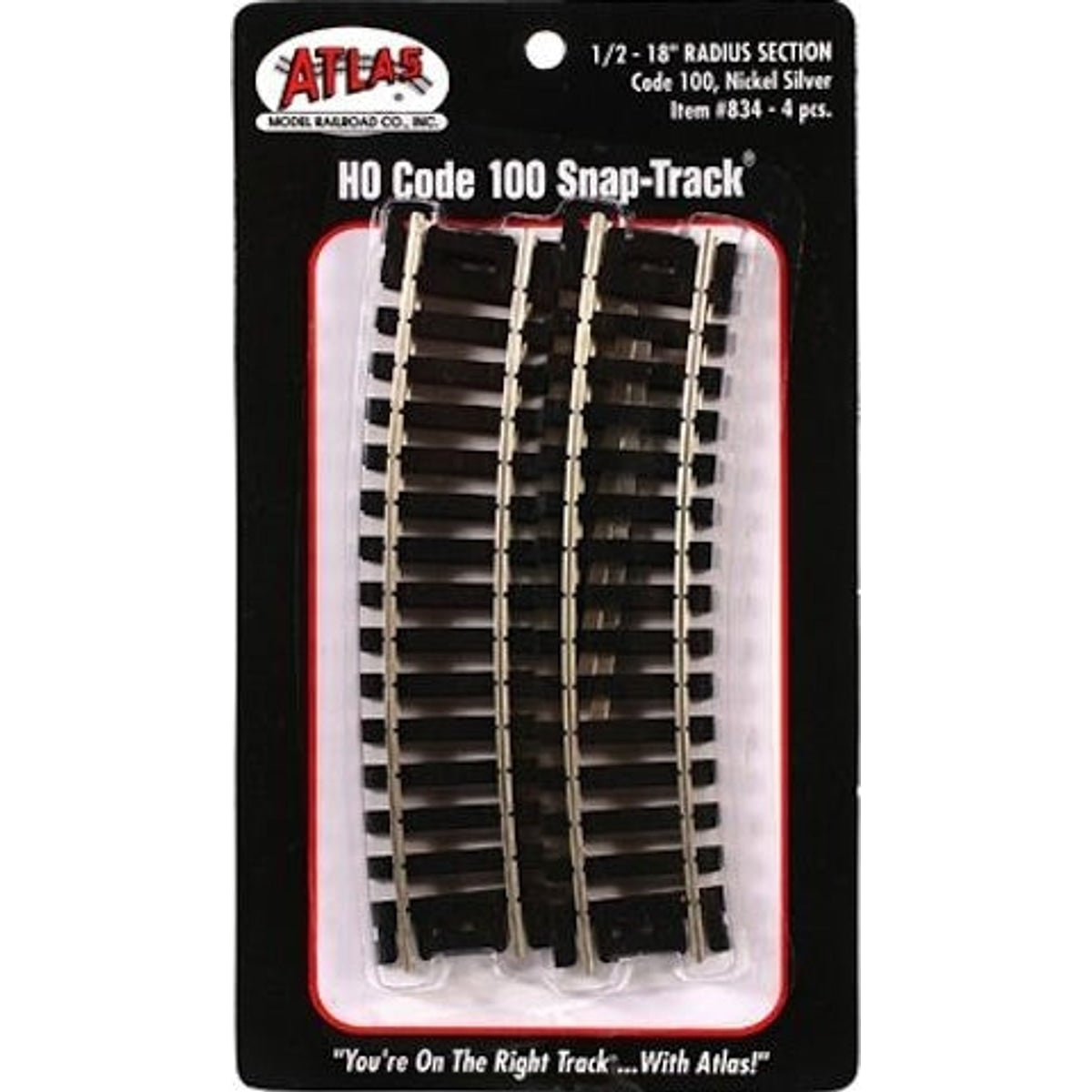 Atlas 834 HO Code 100 Snap Track 18" Radius Curve 1/2 Section Nickel-Silver Rail Black Ties 4 Pack NIB