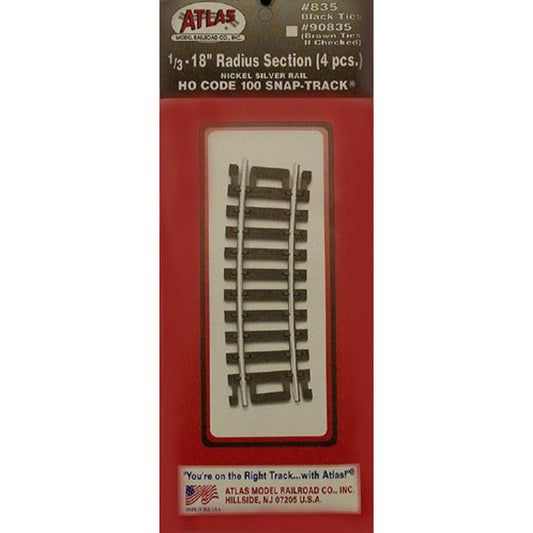Atlas 835 HO Code 100 Snap Track 18" Radius Curve 1/3 Section Nickel-Silver Rail Black Ties 4 Pack NIB