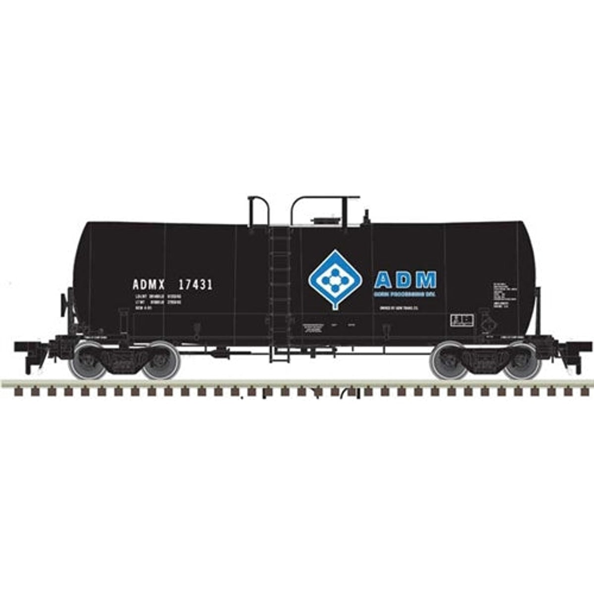 Atlas Master Line 20004985 HO Trinity 17,600-Gallon Corn Syrup Tank Car Archer-Daniels-Midland #17431 Black Blue White Molecule Logo NIB RTR
