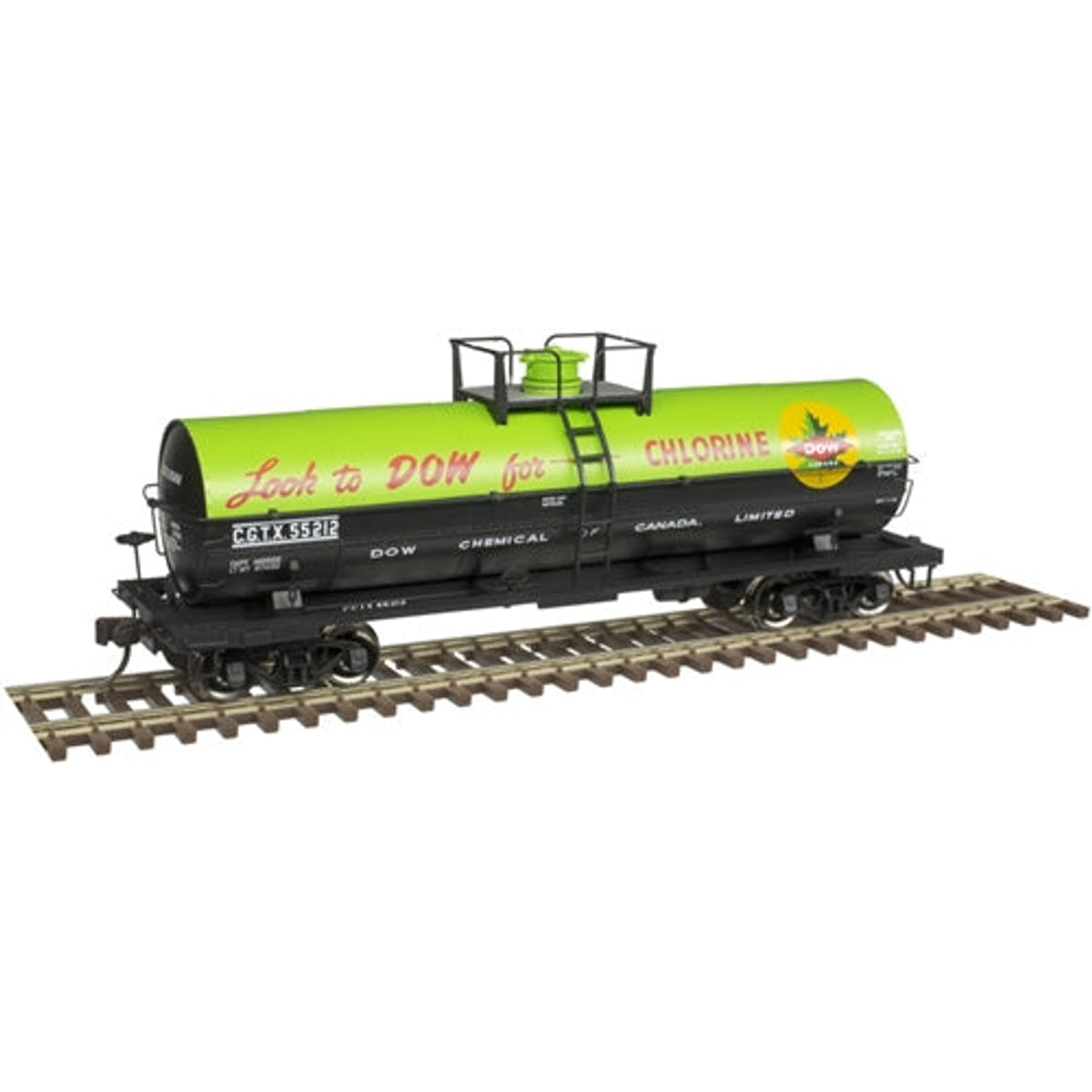 Atlas Master Line 20005483 HO 11,000-Gallon Tank Car No Platform Dow Canada CGTX #55213 Green Black Red Chlorine NIB RTR