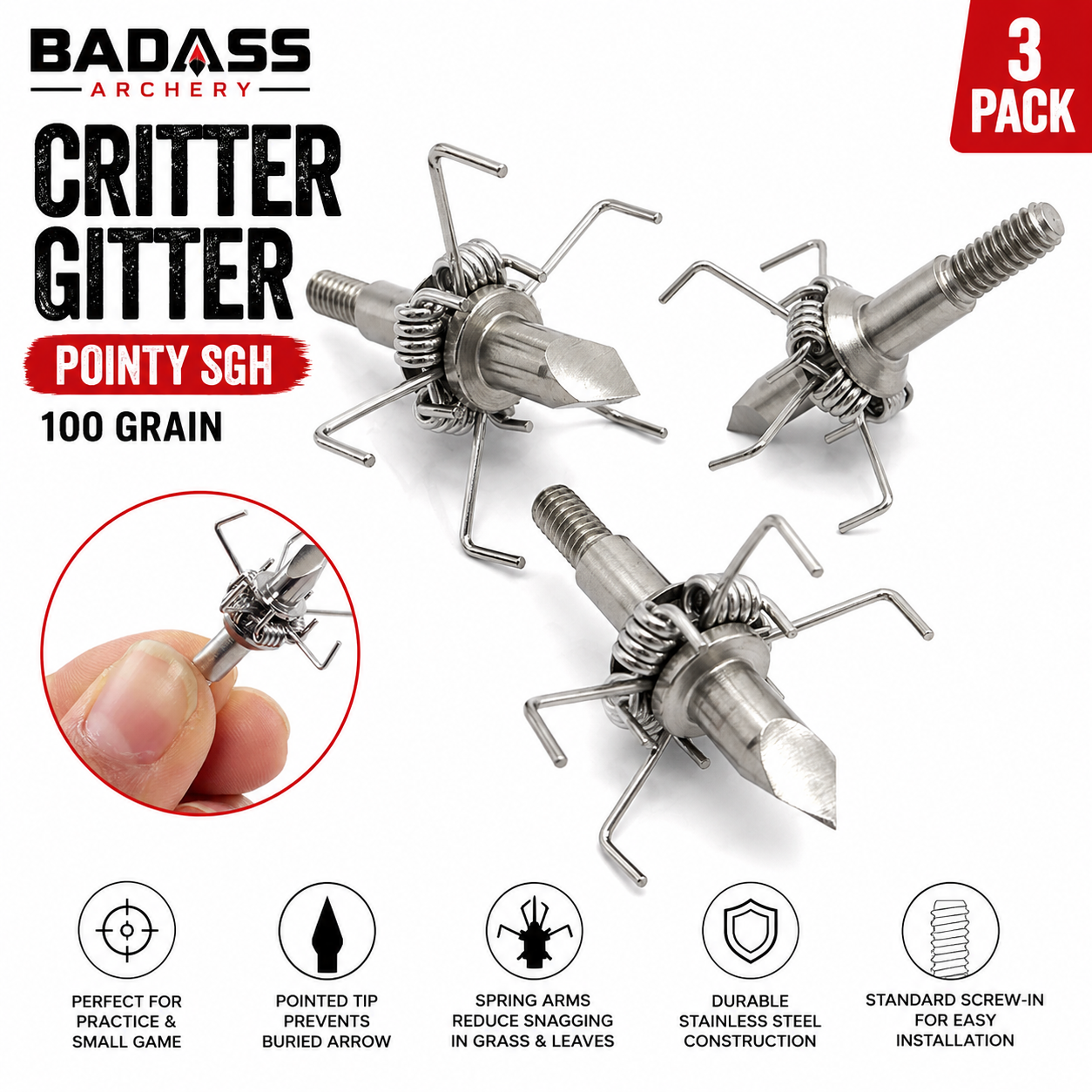 Badass Archery Critter Gitter Pointy SGH 100 grain- 3 Pack
