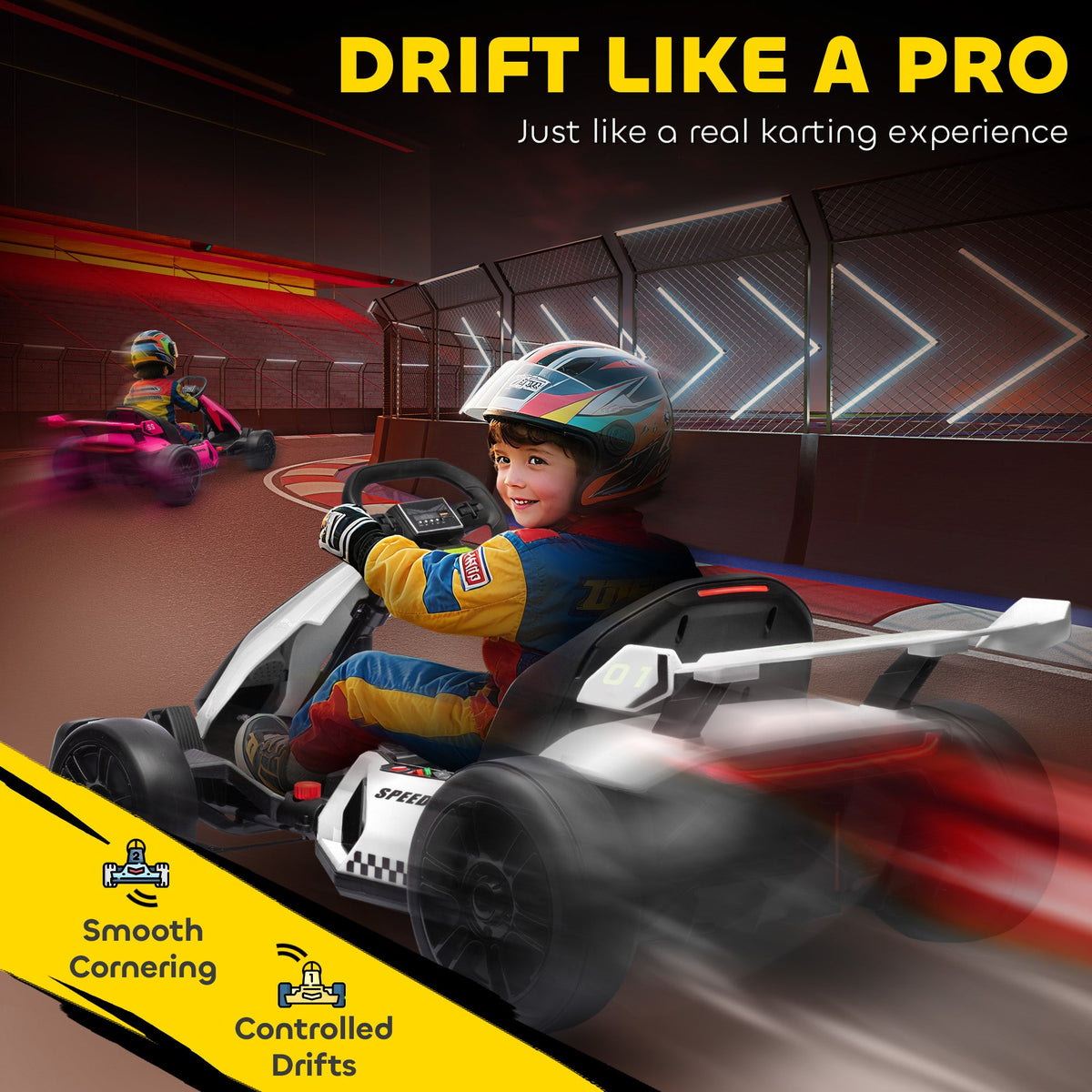 24V Electric Go Kart, Battery Powered Kids Drift Kart with Adjustable Seat, Seat Belt, Horn, Music, Light, Red