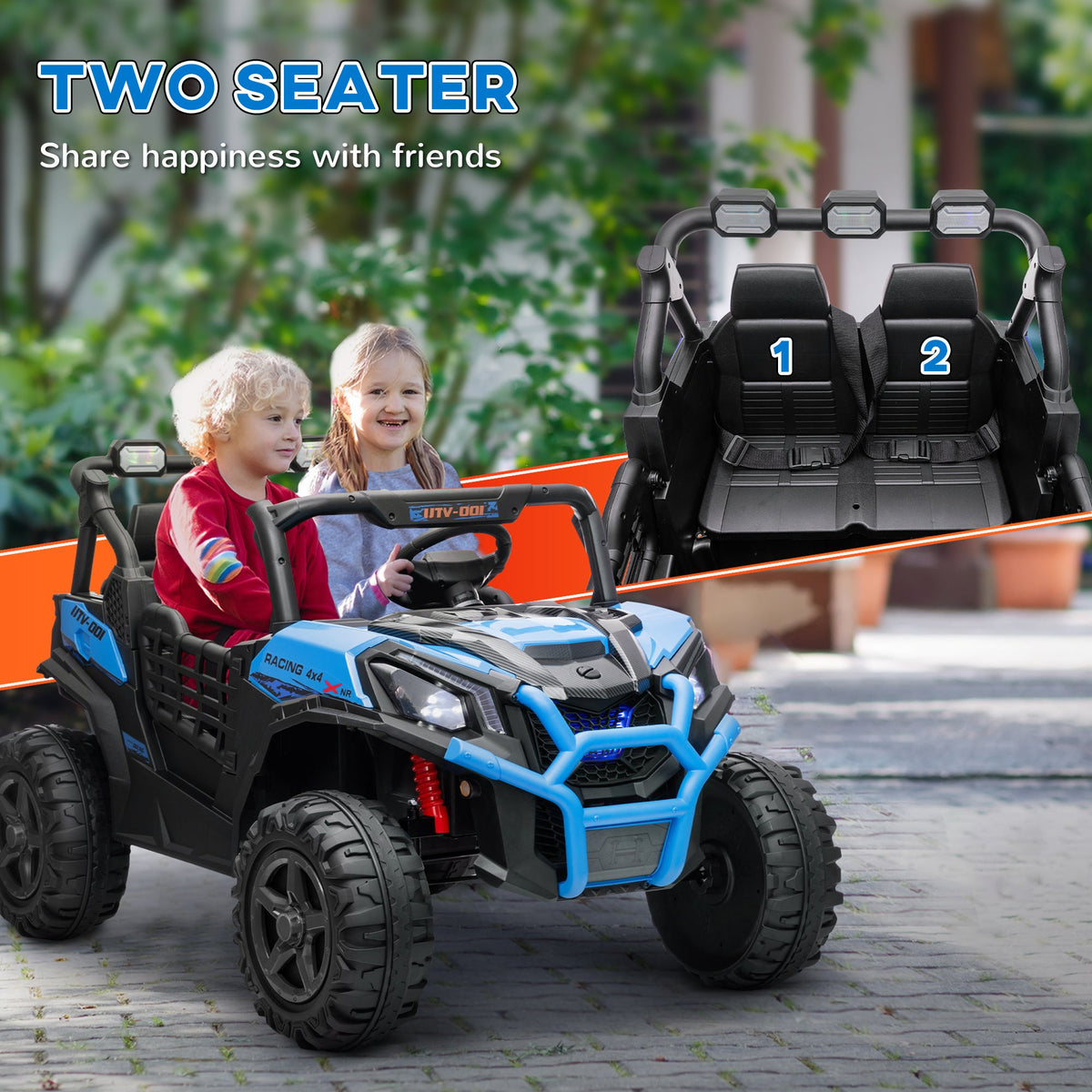 2 Seater 24V Electric Car for Kids w/ Remote Control, 3 Speed, LED Lights, Music, Horn, Spring Suspension, Blue